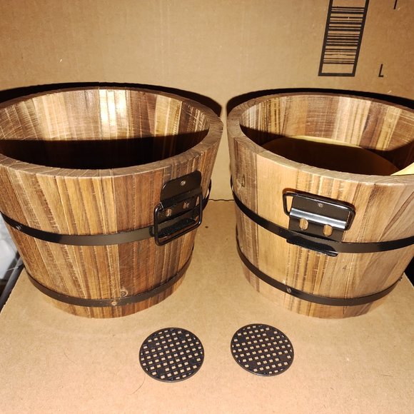 Brand New Set Of 6 Wooden Rustic Barrel planters - Picture 4 of 6